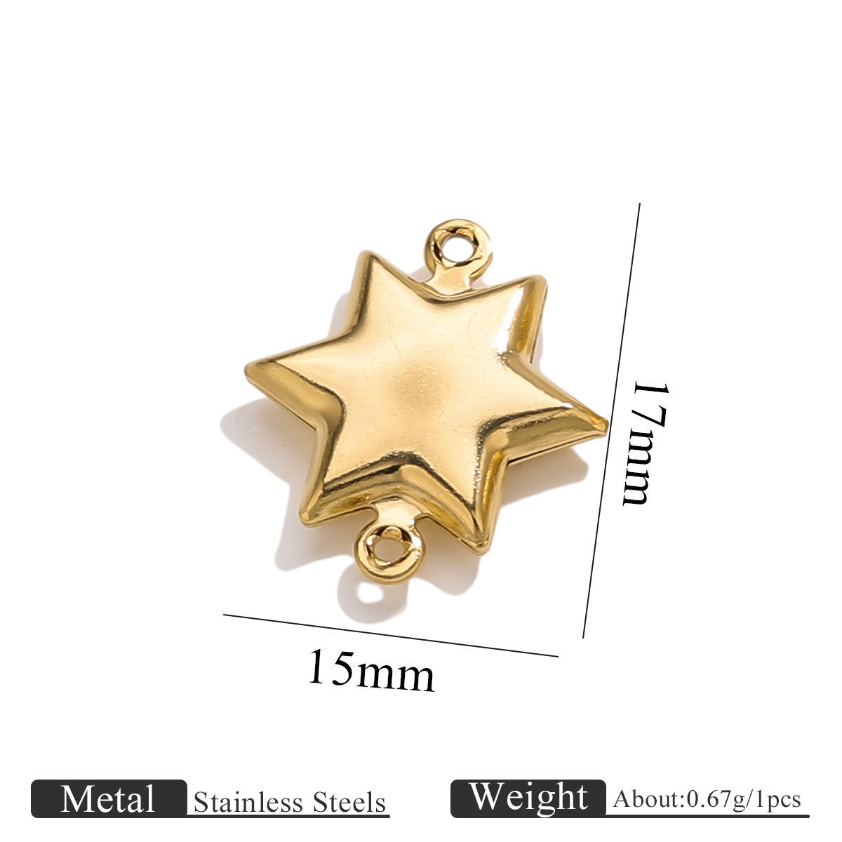 Gold-plated stainless steel double-hole hollow medium pentagram connector charm with size dimensions on white background