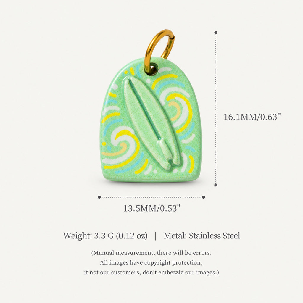 Green ceramic pendant with yellow swirl pattern and surfboard shape, shown with size measurements.