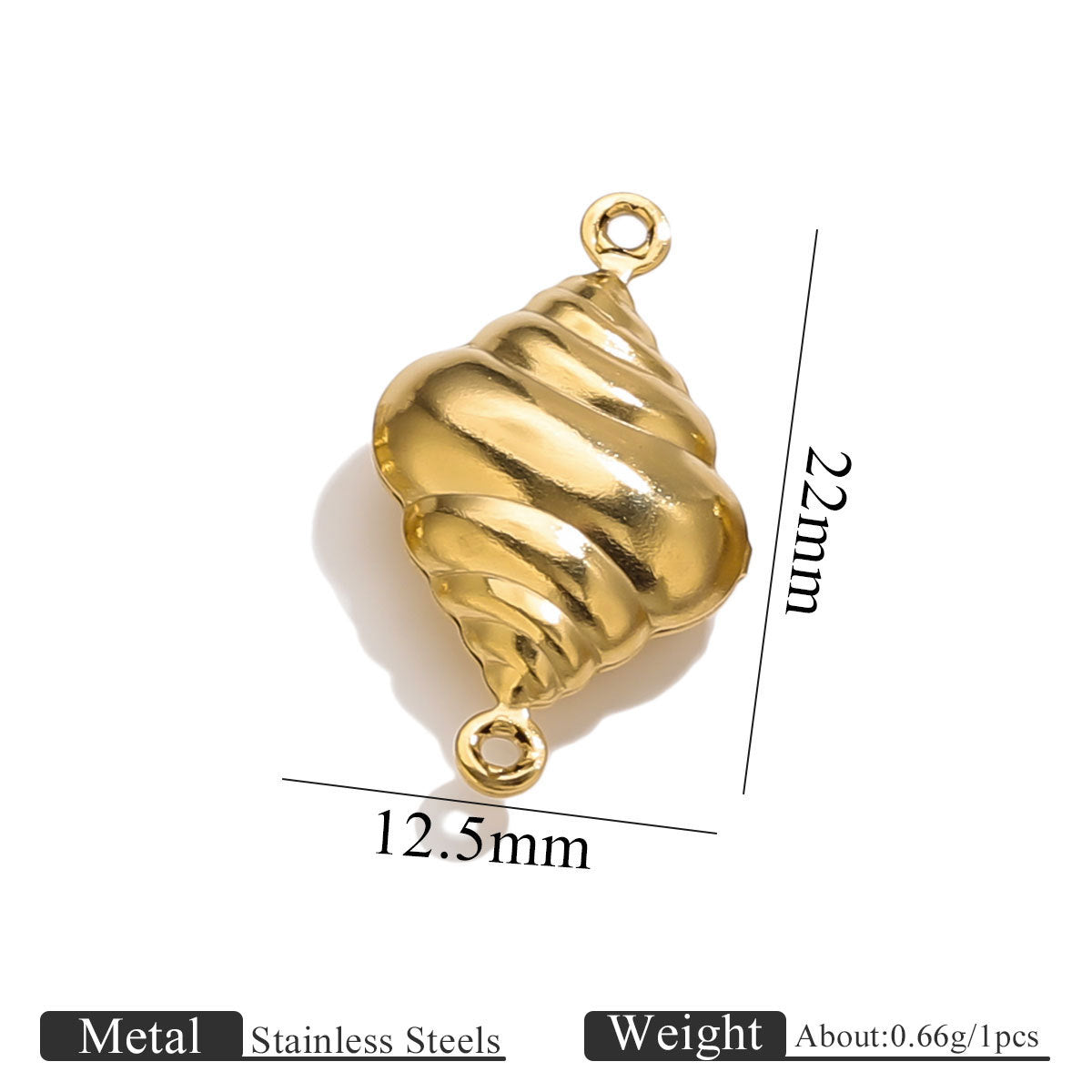 Gold-plated stainless steel double-hole hollow conch shell connector charm with size dimensions on white background