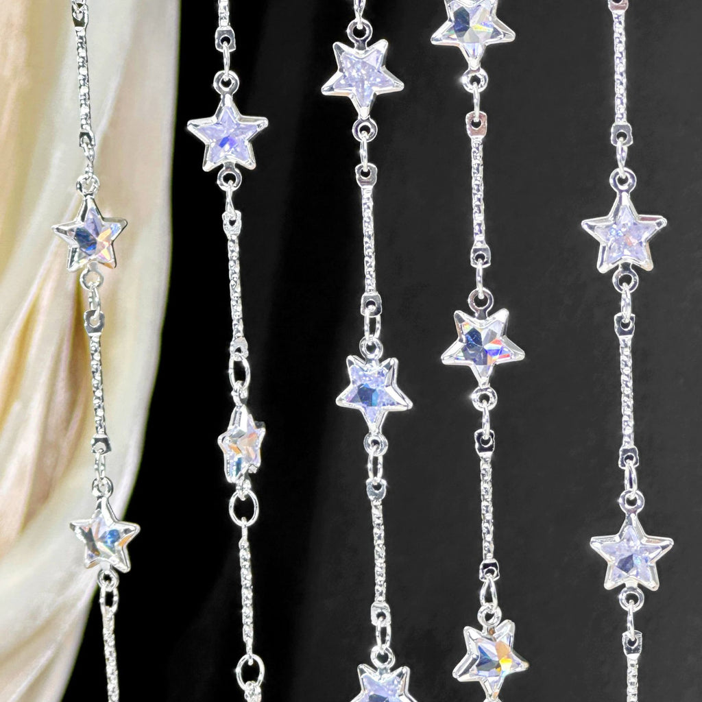 Silver-tone chain curtains with dangling crystal star beads