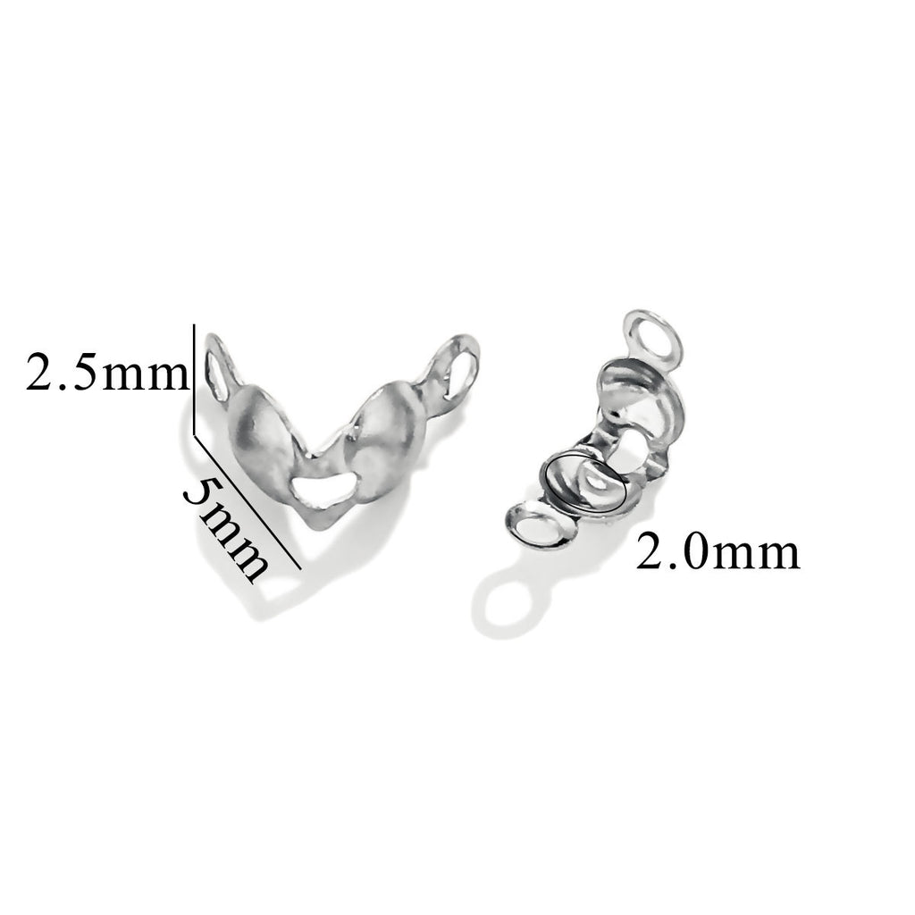 Two silver ball chain connector clasps on white background with dimension labels showing 2.5mm height, 5mm width, 2.0mm
