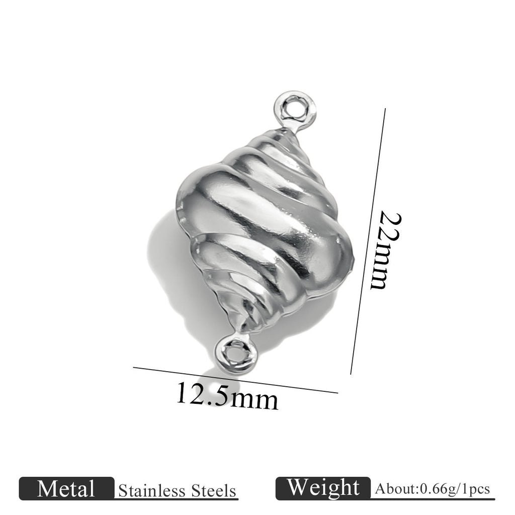 Stainless steel double-hole hollow conch shell connector charm with size dimensions on white background