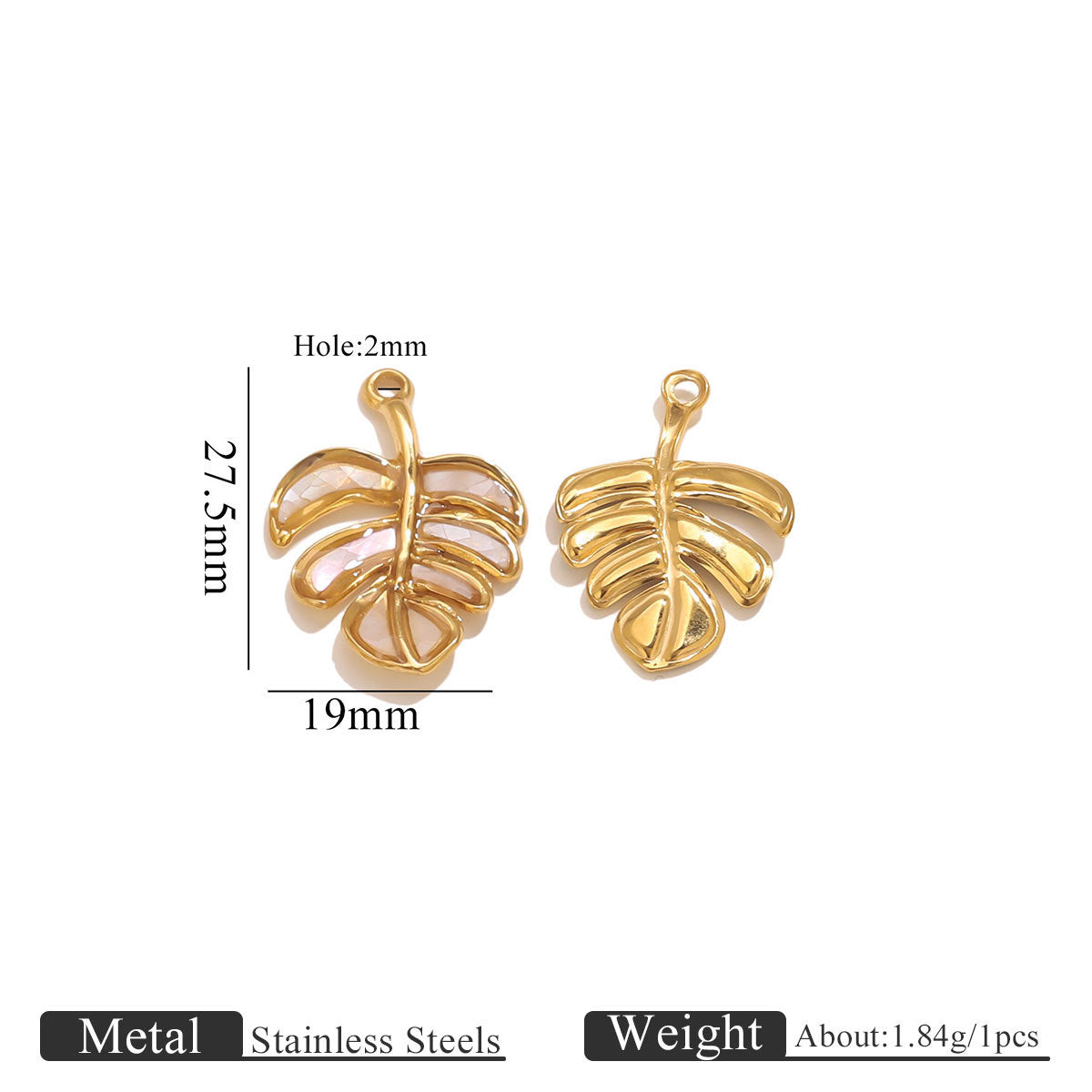 Gold leaf-shaped pendants with measurements on a white background