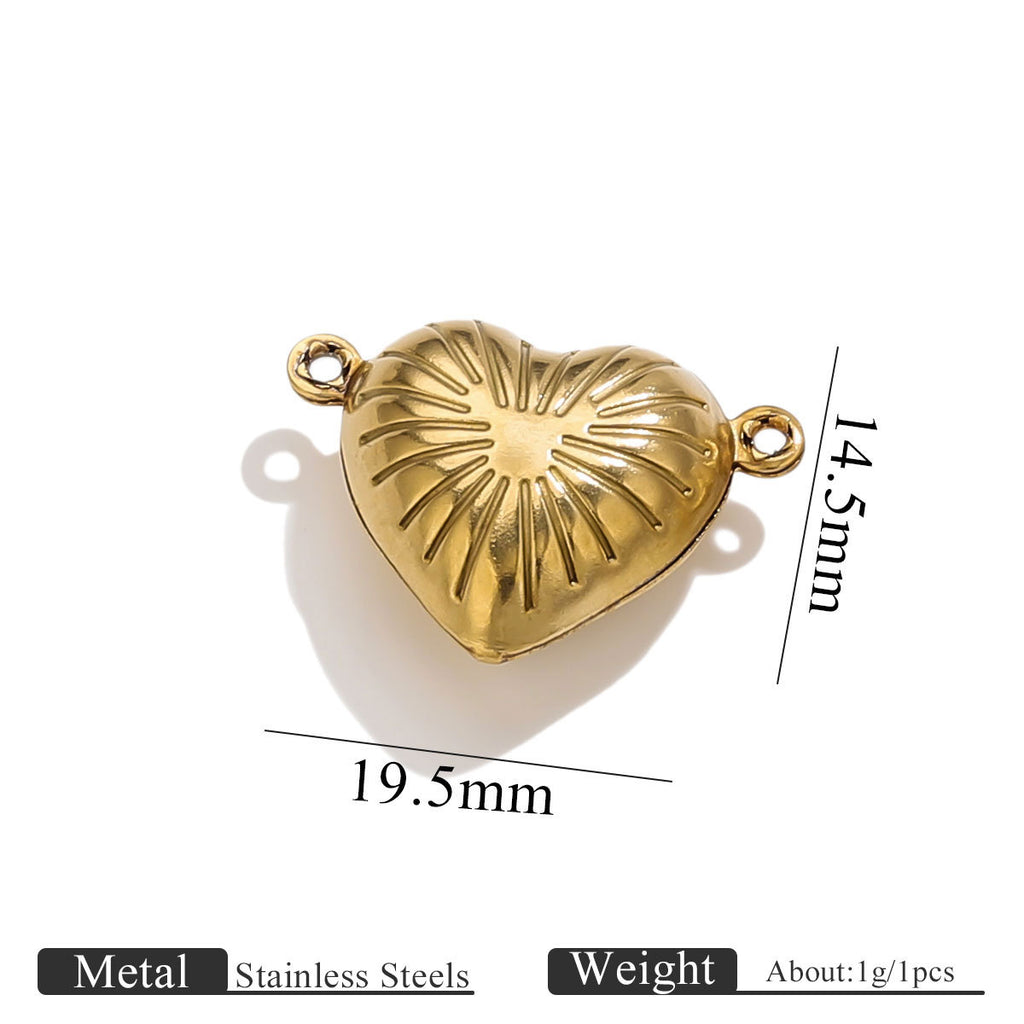Gold-plated stainless steel double-hole hollow love heart connector charm with size dimensions on white background