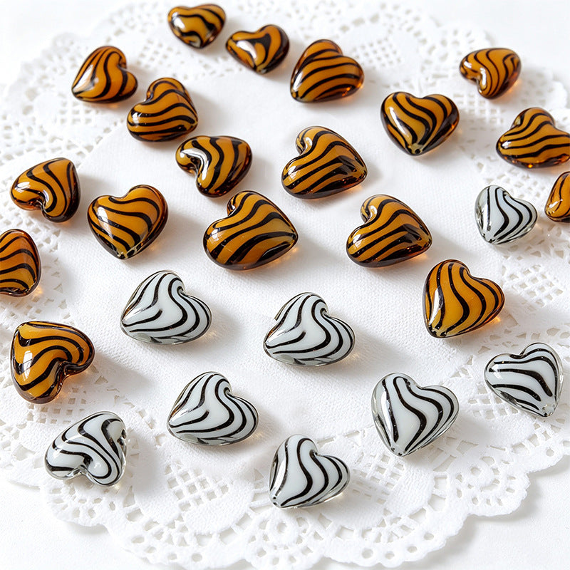 Vintage Tiger Pattern Heart Glazed Beads