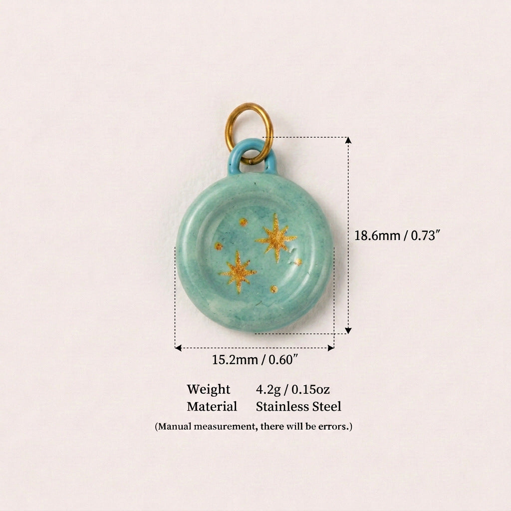 Round turquoise button pendant charm with gold star details, shown with size measurements.