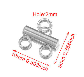 Silver metal cylindrical rod with three attached O-rings, shown on a white background with red dimension annotations reading 10mm, 9mm, and Hole:2mm.