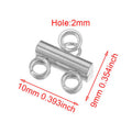 Silver metal cylindrical rod with three attached O-rings, shown on a white background with red dimension annotations reading 10mm, 9mm, and Hole:2mm.