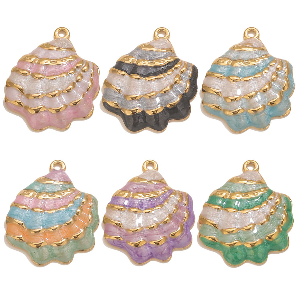 18K Gold-Plated Stainless Steel Enamel Seashell Pendant Charm 2pcs
