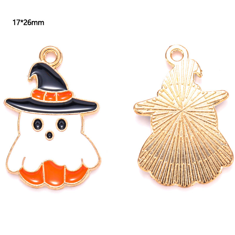 Two gold-tone ghost charms with witch hats, front and back views, 17 by 26mm