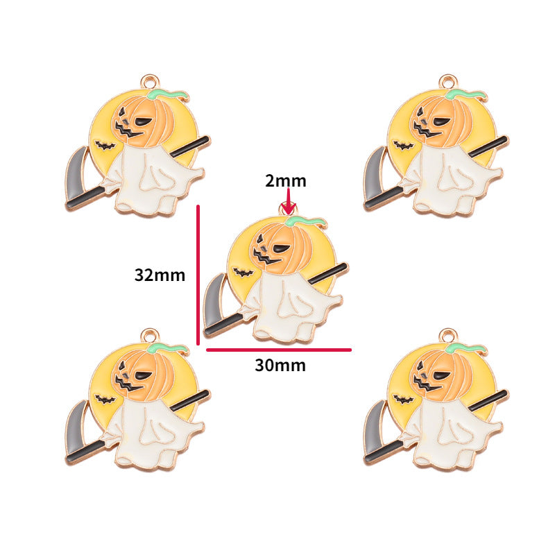 Five views of a Halloween-themed enamel charm featuring a smiling jack-o'-lantern with a white ghost and a scythe, on a plain white background with red dimension lines and text indicating 32mm, 30mm, and 2mm.