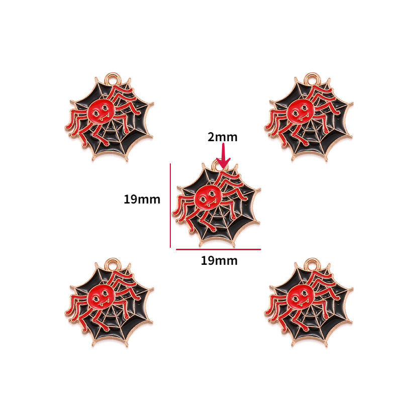 Five spider charms with black enamel, red bodies and rose gold outlines, 19mm