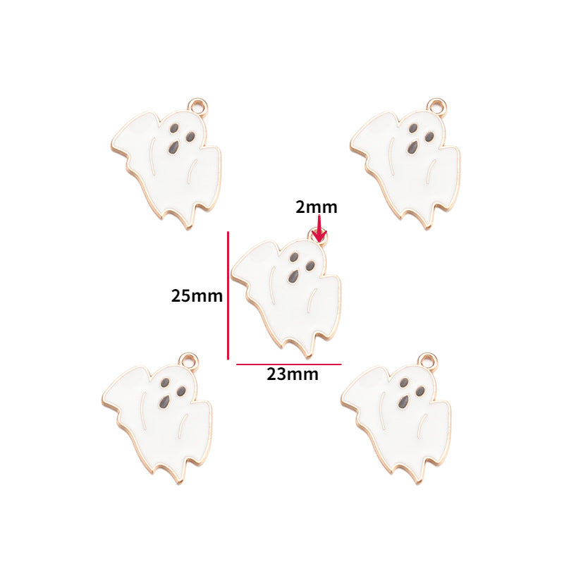 Five white ghost-shaped jewelry charms with rose gold borders and black eyes, 25mm by 23mm size shown