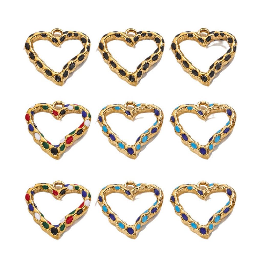 Stainless Steel Spotted Enamel Heart Pendant Charms 5pcs