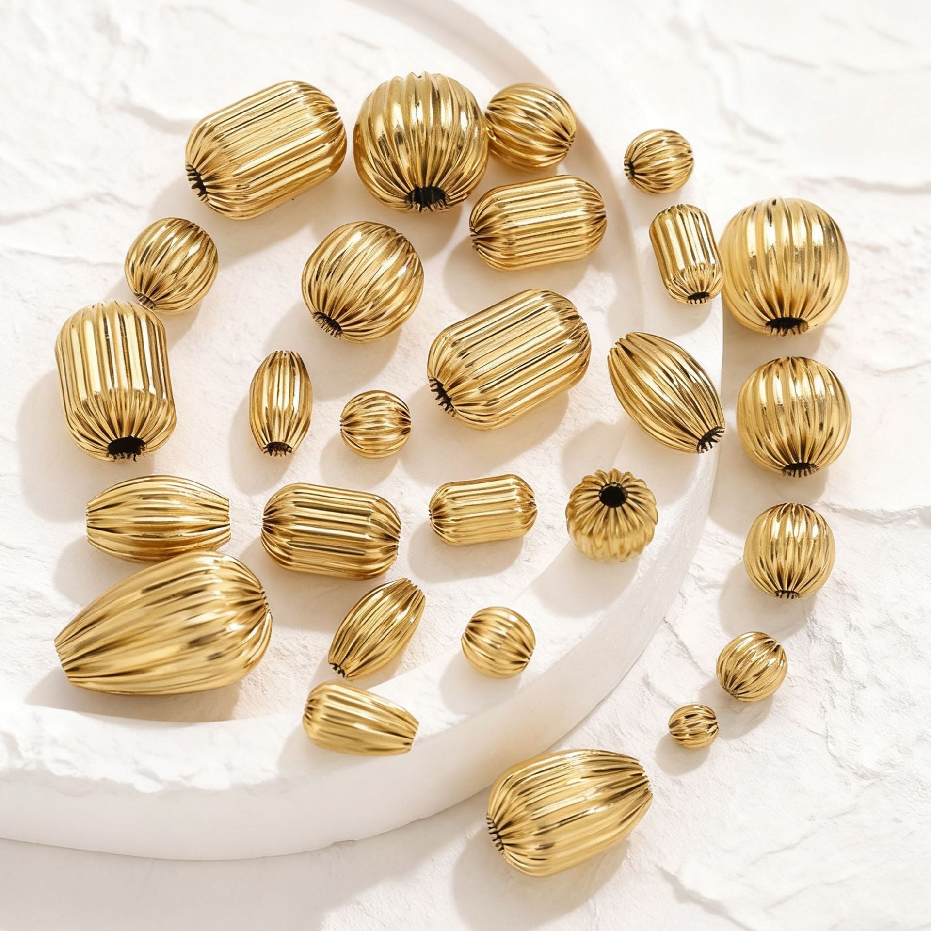 18K Gold-Plated Stainless Steel Ribbed Teardrop Spacer Beads 10pcs