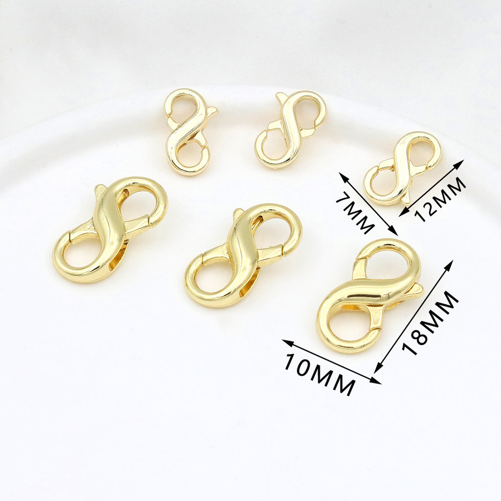 Six gold figure-eight lobster clasps in different sizes on white with dimension labels showing 7mm, 12mm, 10mm, and 18mm