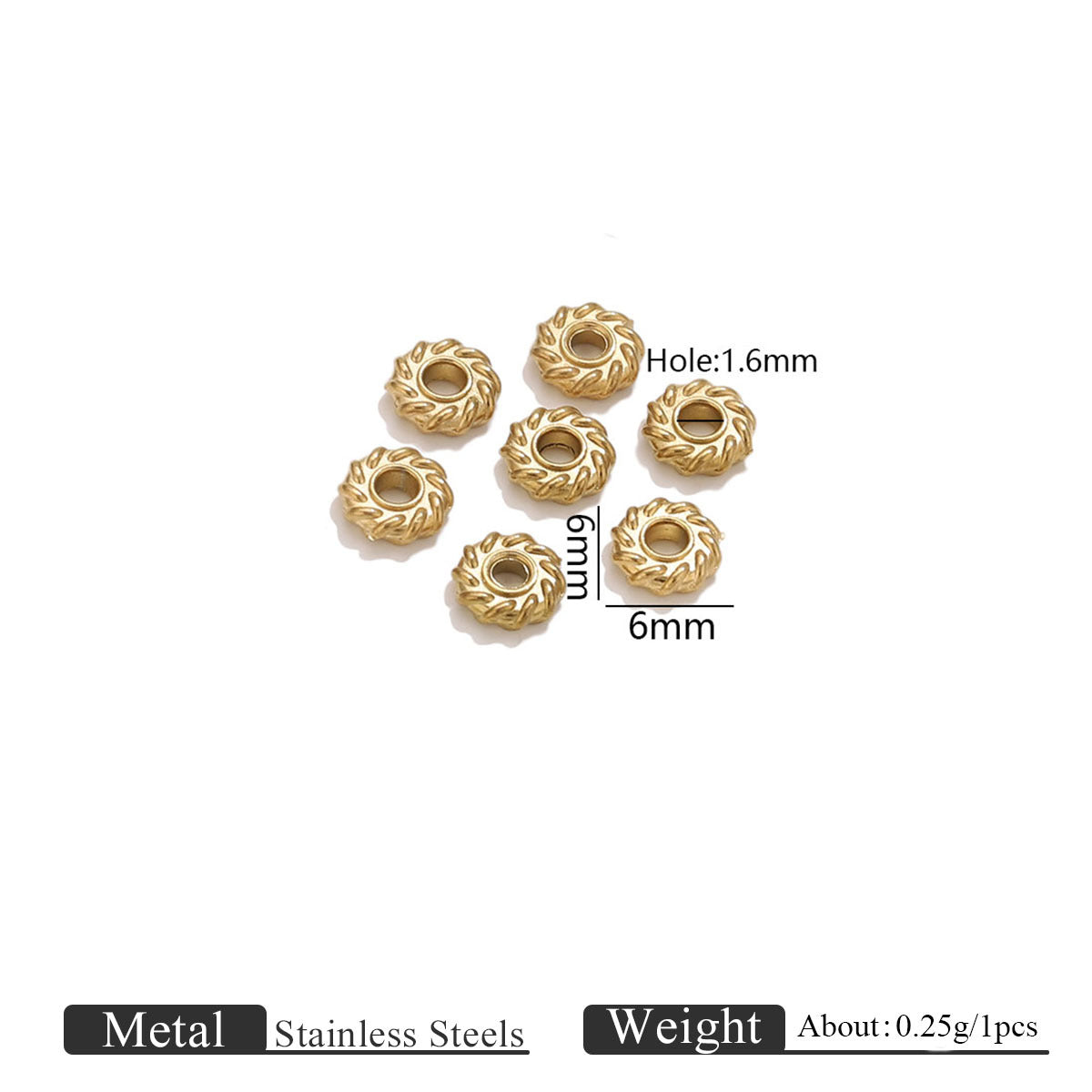 Six small gold-toned metal spacers with a textured sunburst-like pattern shown on a white background