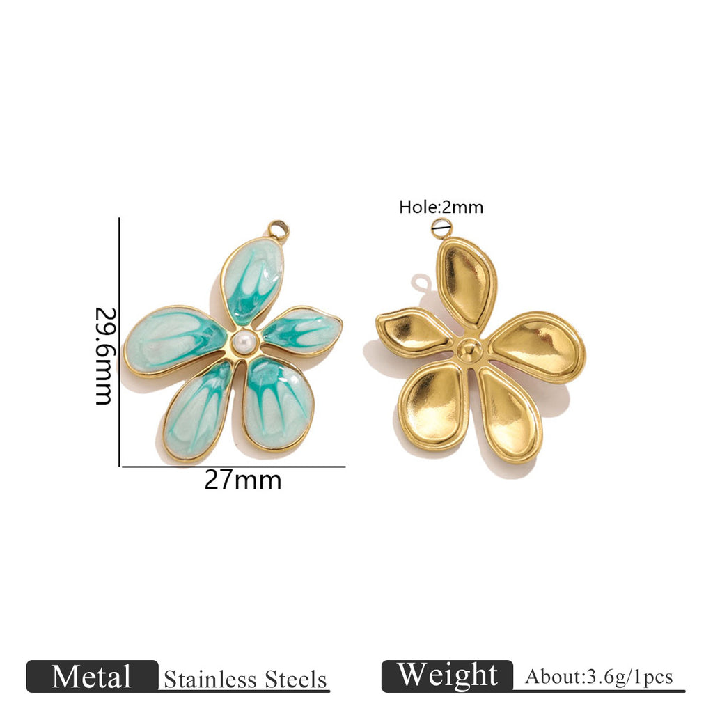 Two gold-toned flower pendant charms, one with turquoise enamel petals and pearl center, 29.6mm by 27mm