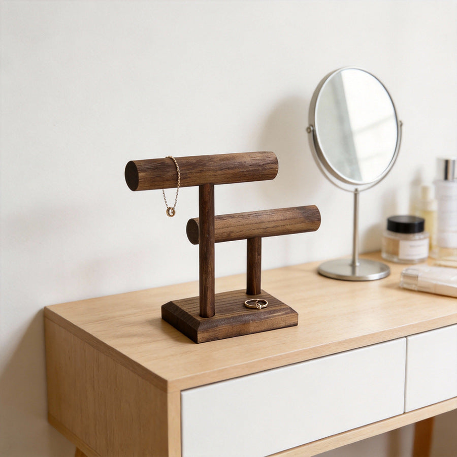 Vintage Solid Wood Double-Tier Bracelet Display Stand – Rustic Wooden Jewelry Organizer for Watches, Necklaces & Bracelets