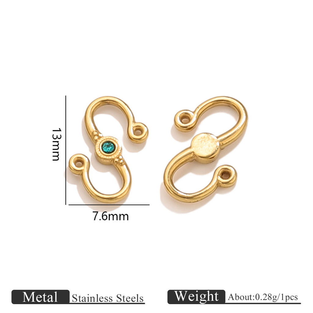 Two gold stainless steel S-hook clasps with teal stone, front and back views with 13mm by 7.6mm dimensions