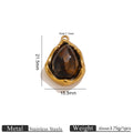 Gold-tone teardrop tiger's eye pendant with dimension lines showing 21.5mm height and 15.5mm width, on white background