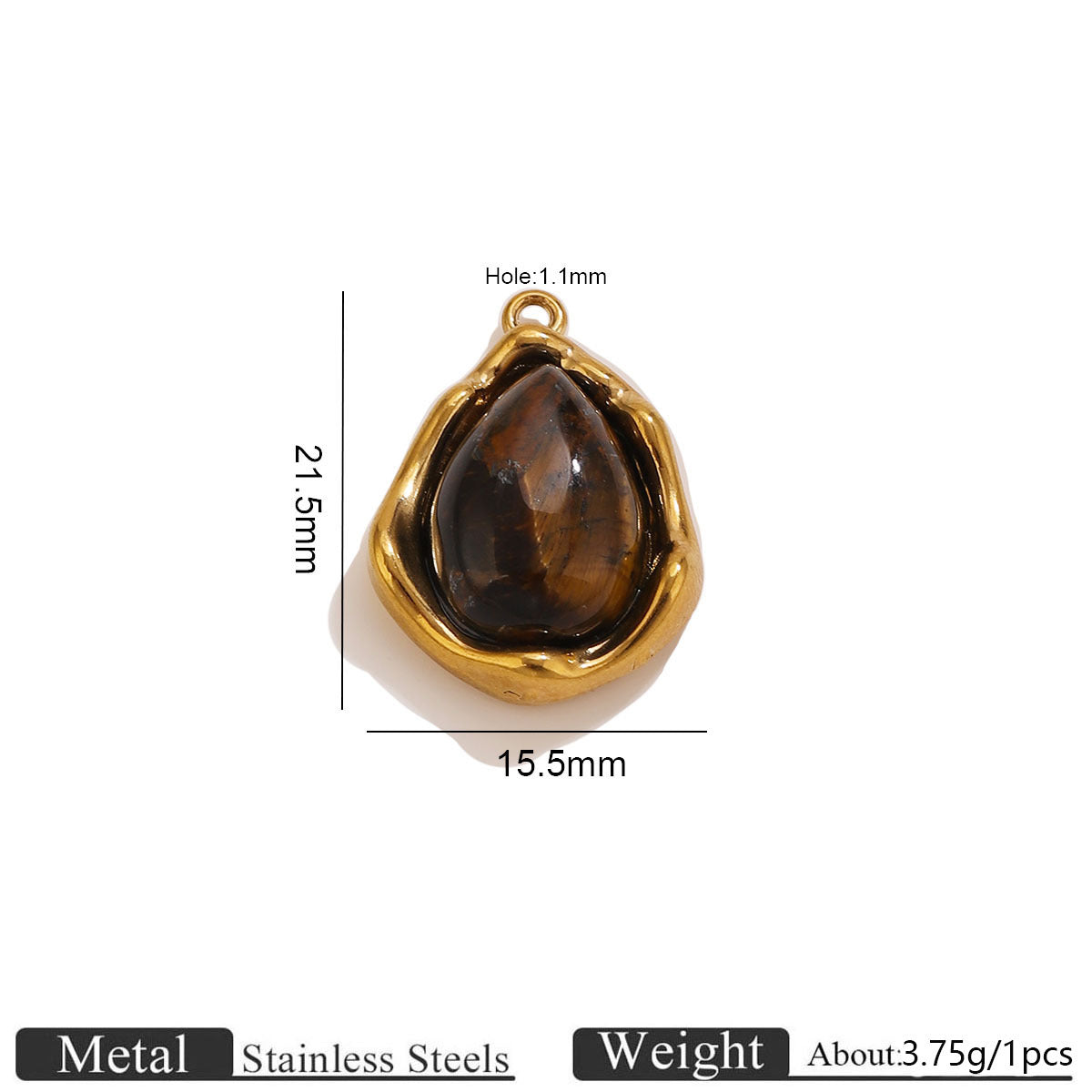 Gold-tone teardrop tiger's eye pendant with dimension lines showing 21.5mm height and 15.5mm width, on white background