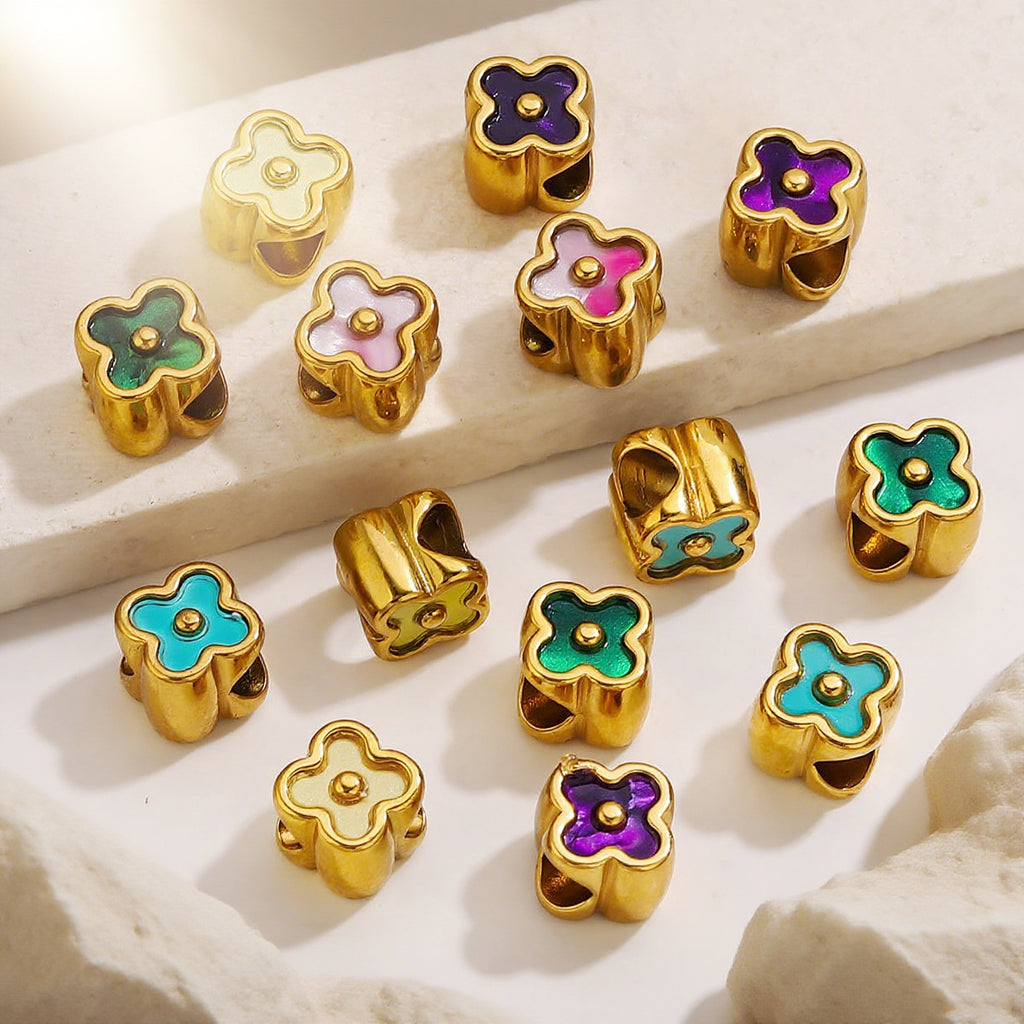 18K Gold-Plated Stainless Steel Four-Leaf Clover Large-Hole Spacer Beads 5pcs