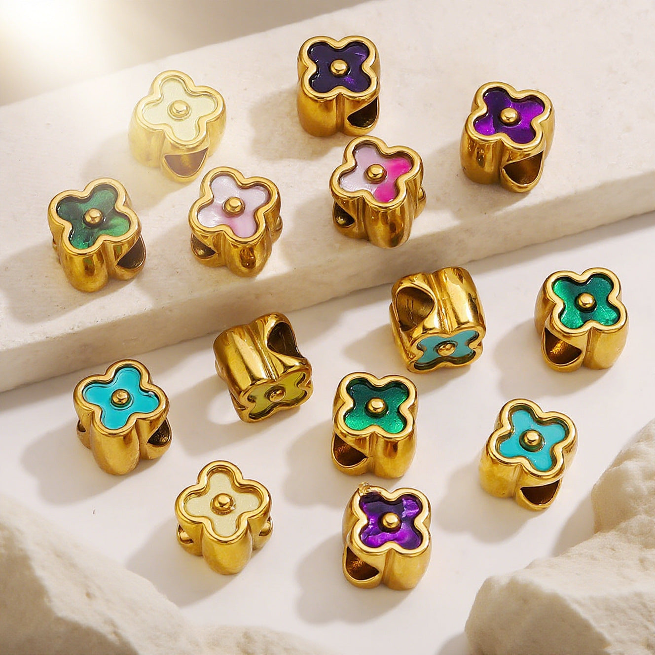 18K Gold-Plated Stainless Steel Four-Leaf Clover Large-Hole Spacer Beads 5pcs