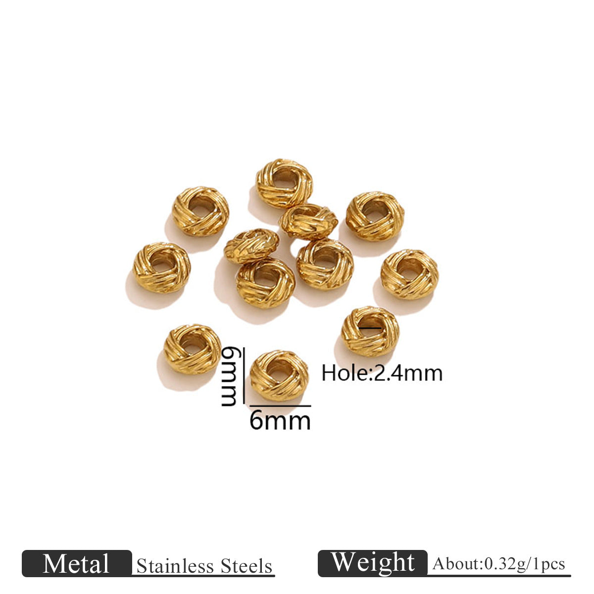 Gold-tone twisted bird's nest beads with dimension markings showing 8mm diameter