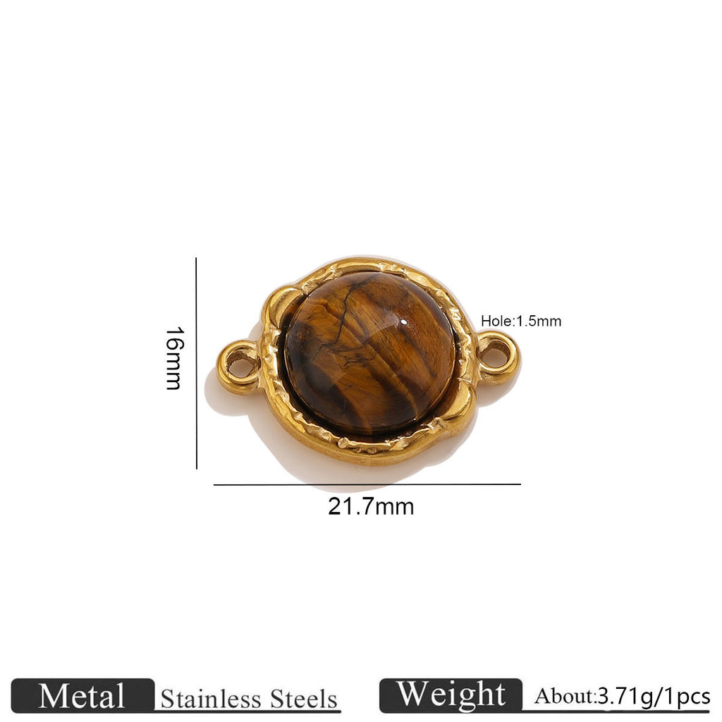 Gold-tone round tiger's eye double-hole connector with dimension lines, 21.7mm wide 16mm high, on white background