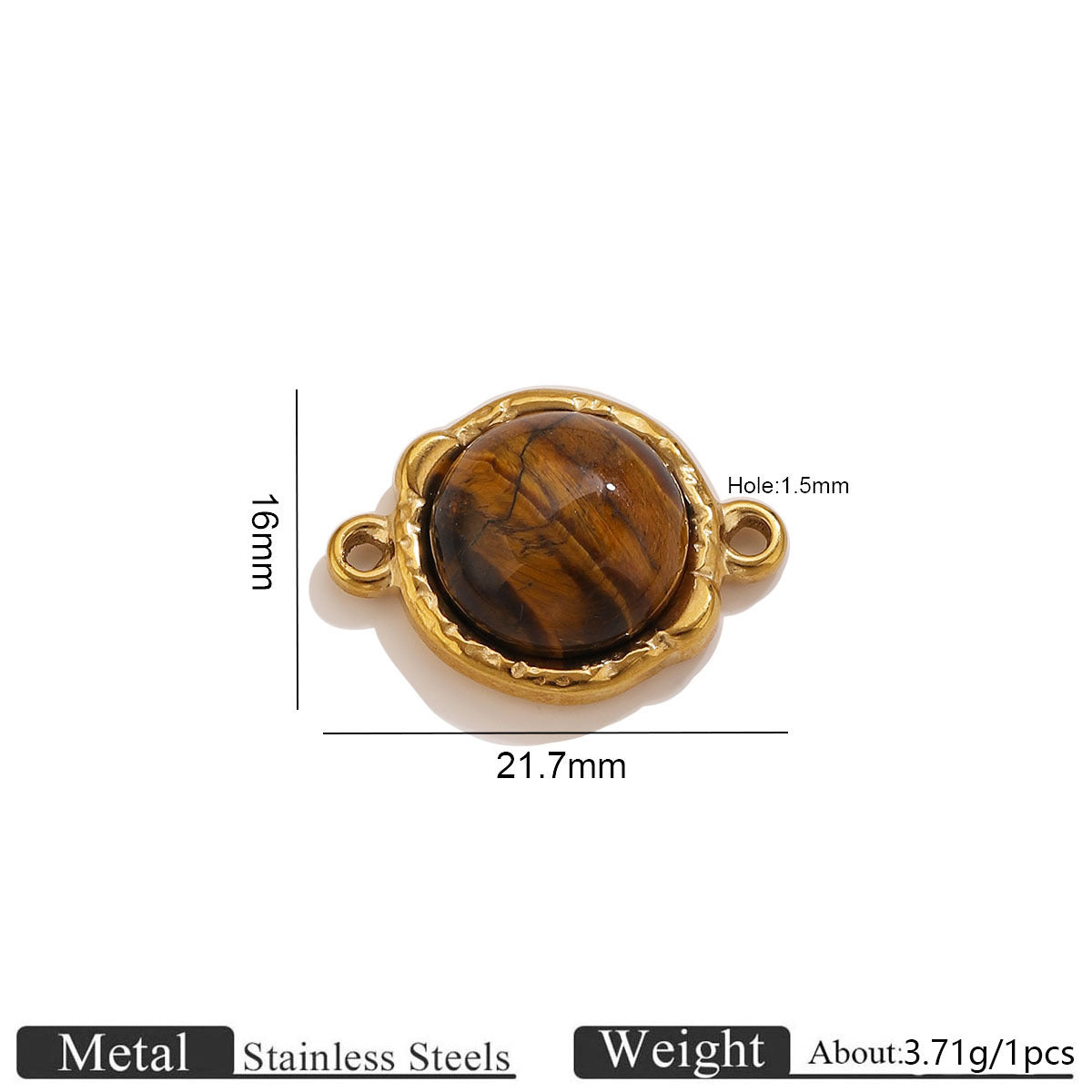 Gold-tone round tiger's eye double-hole connector with dimension lines, 21.7mm wide 16mm high, on white background