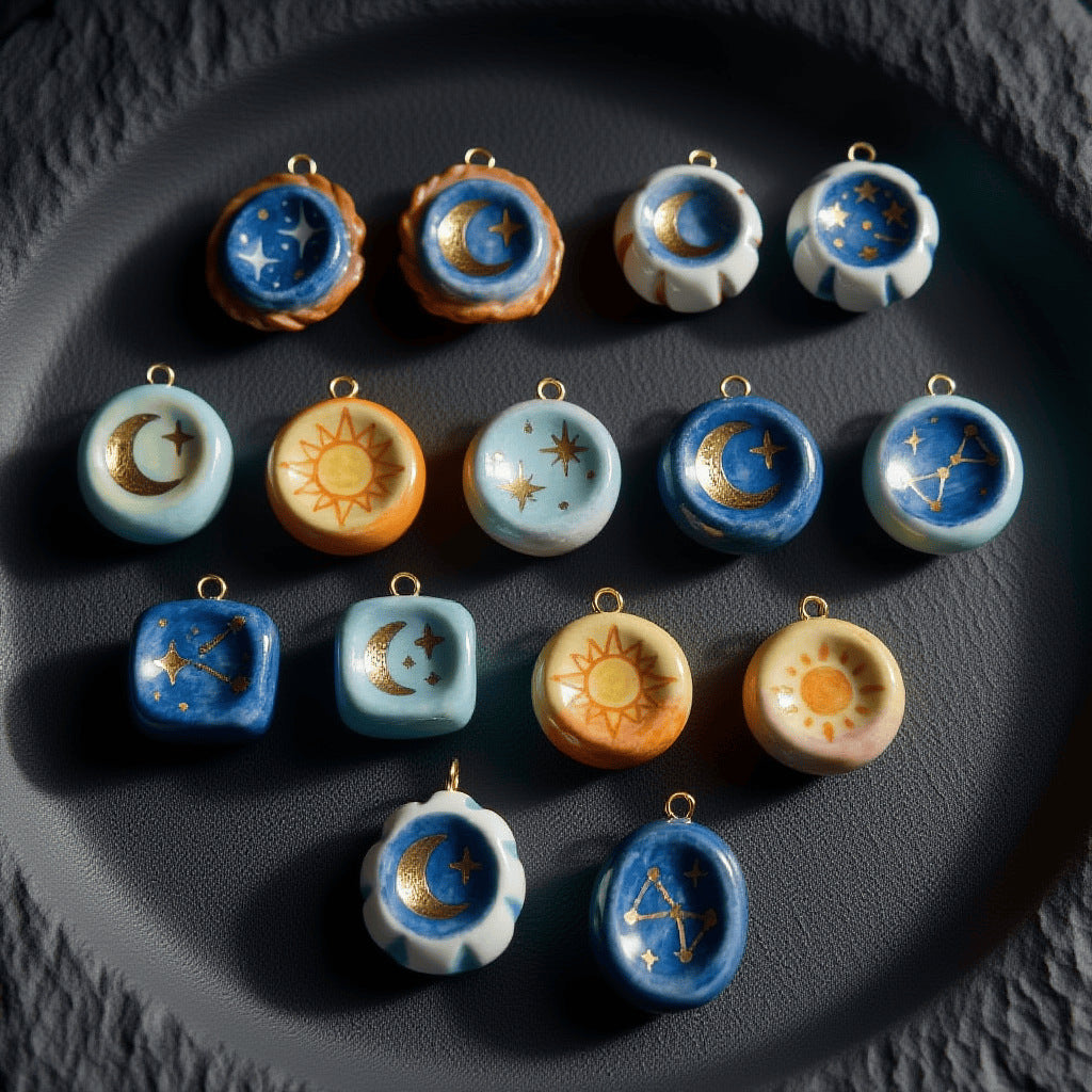 Collection of celestial-themed ceramic pendants on a dark surface
