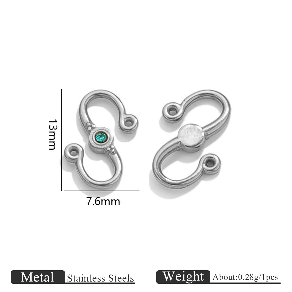 Two silver stainless steel S-hook clasps with green stone, front and back views with 13mm by 7.6mm dimensions