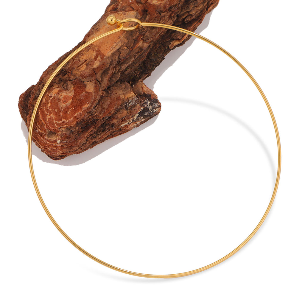 Gold stainless steel rigid choker necklace, circular neck ring with bead clasp, displayed on brown bark