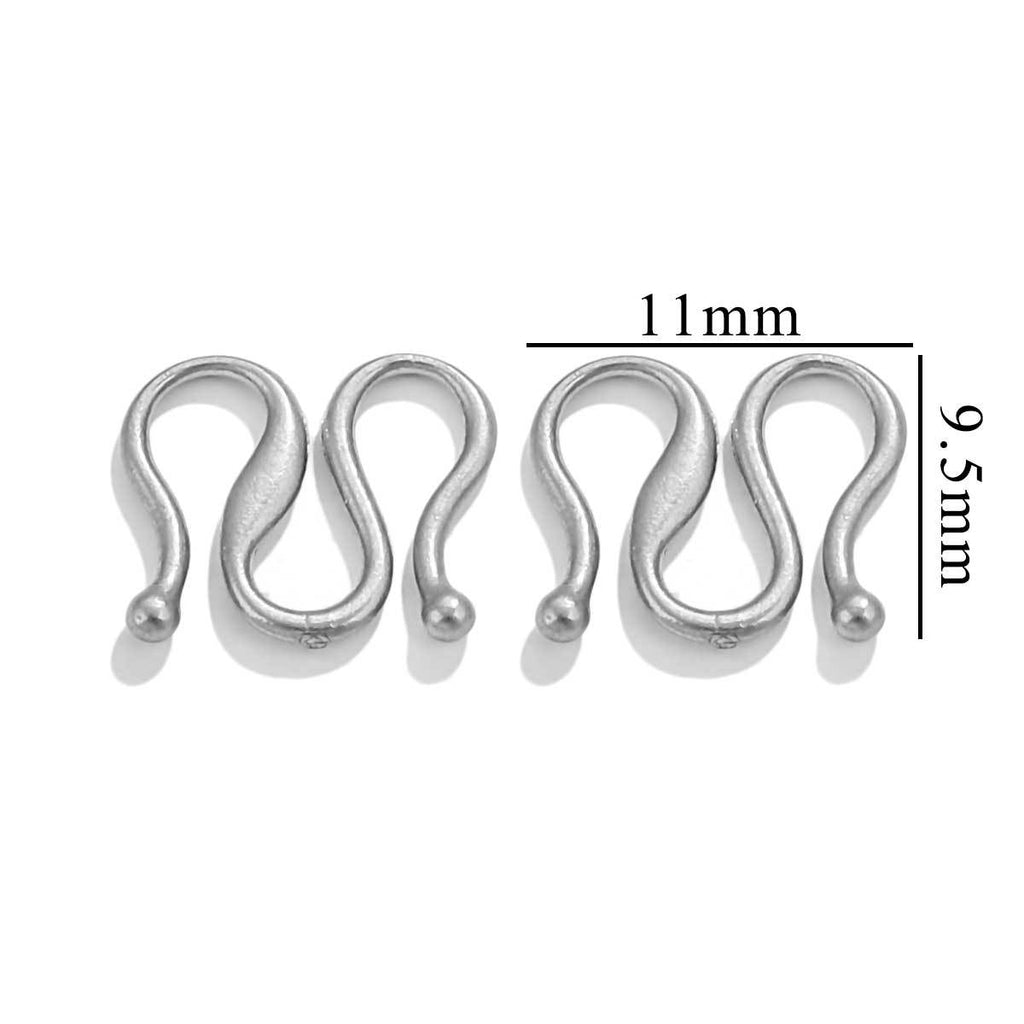 Four silver S-shaped hook clasps with ball tips, 11mm by 9.5mm measurements, white background.
