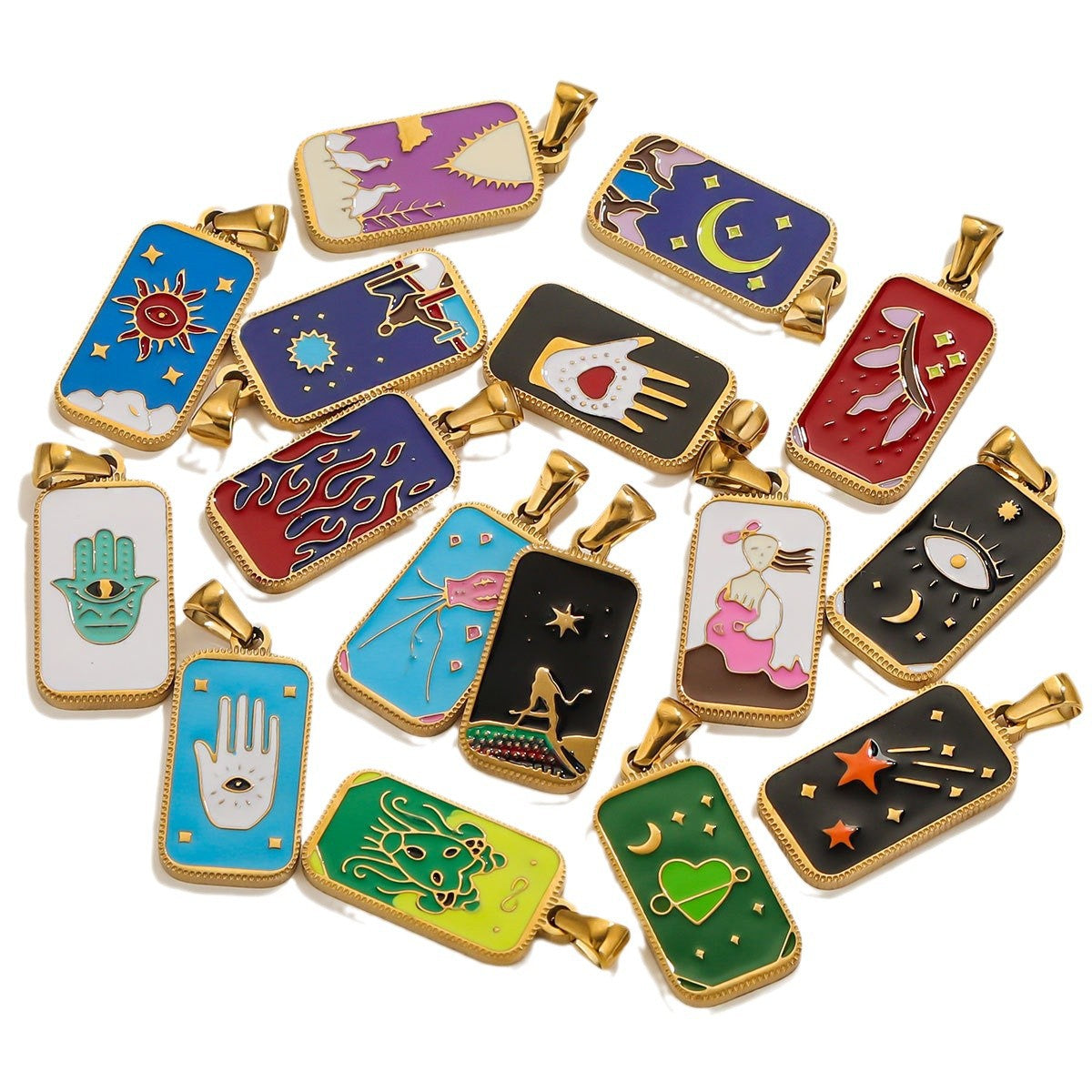 Stainless Steel Enamel Tarot Card Pendant Charms 5pcs