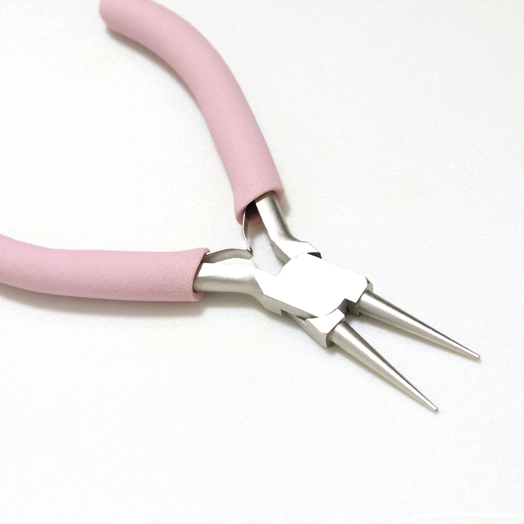 Pink foam-handled metal chain-nose pliers on a clean white background.