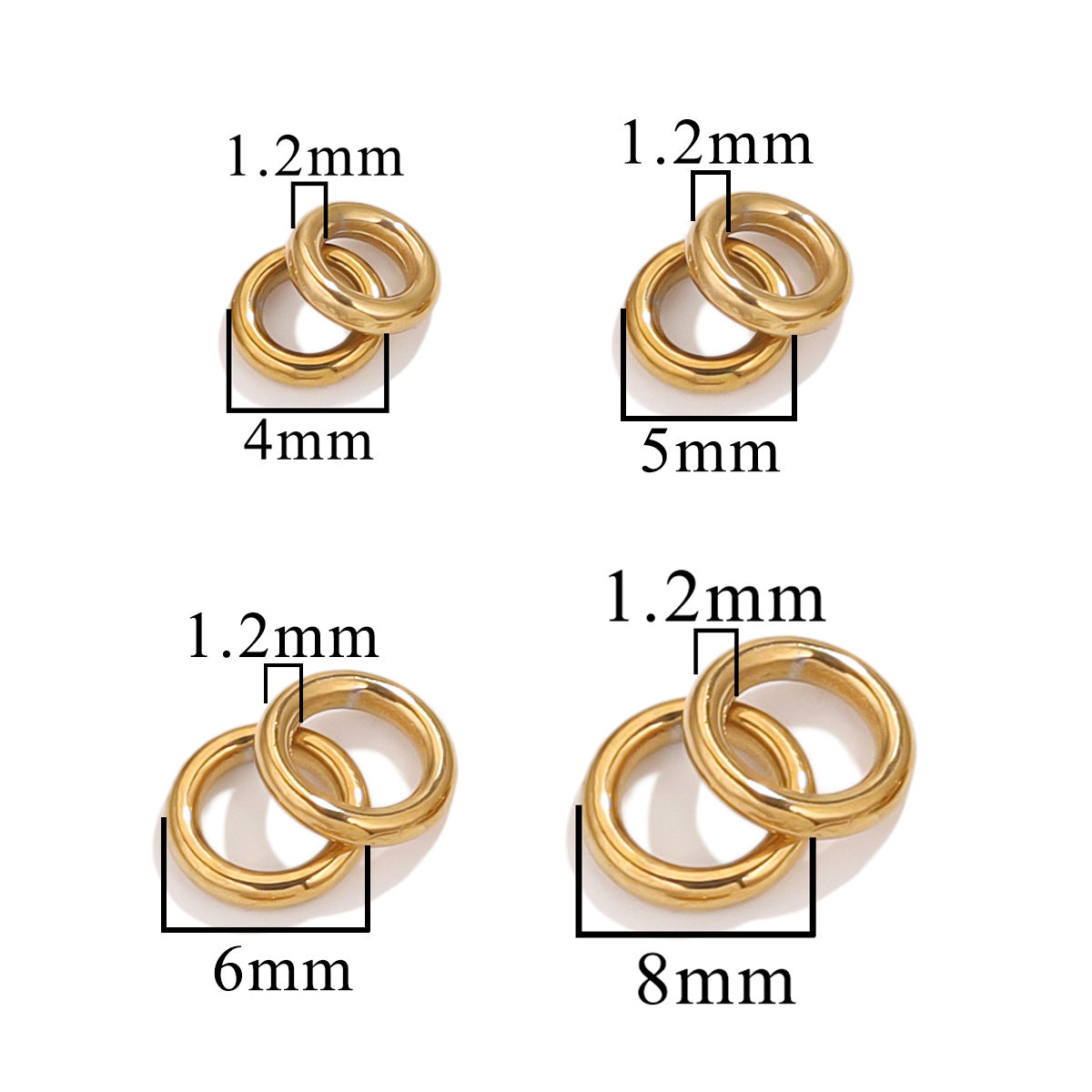 Gold-tone closed jump rings in 4mm, 5mm, 6mm and 8mm sizes with 1.2mm wire thickness on white