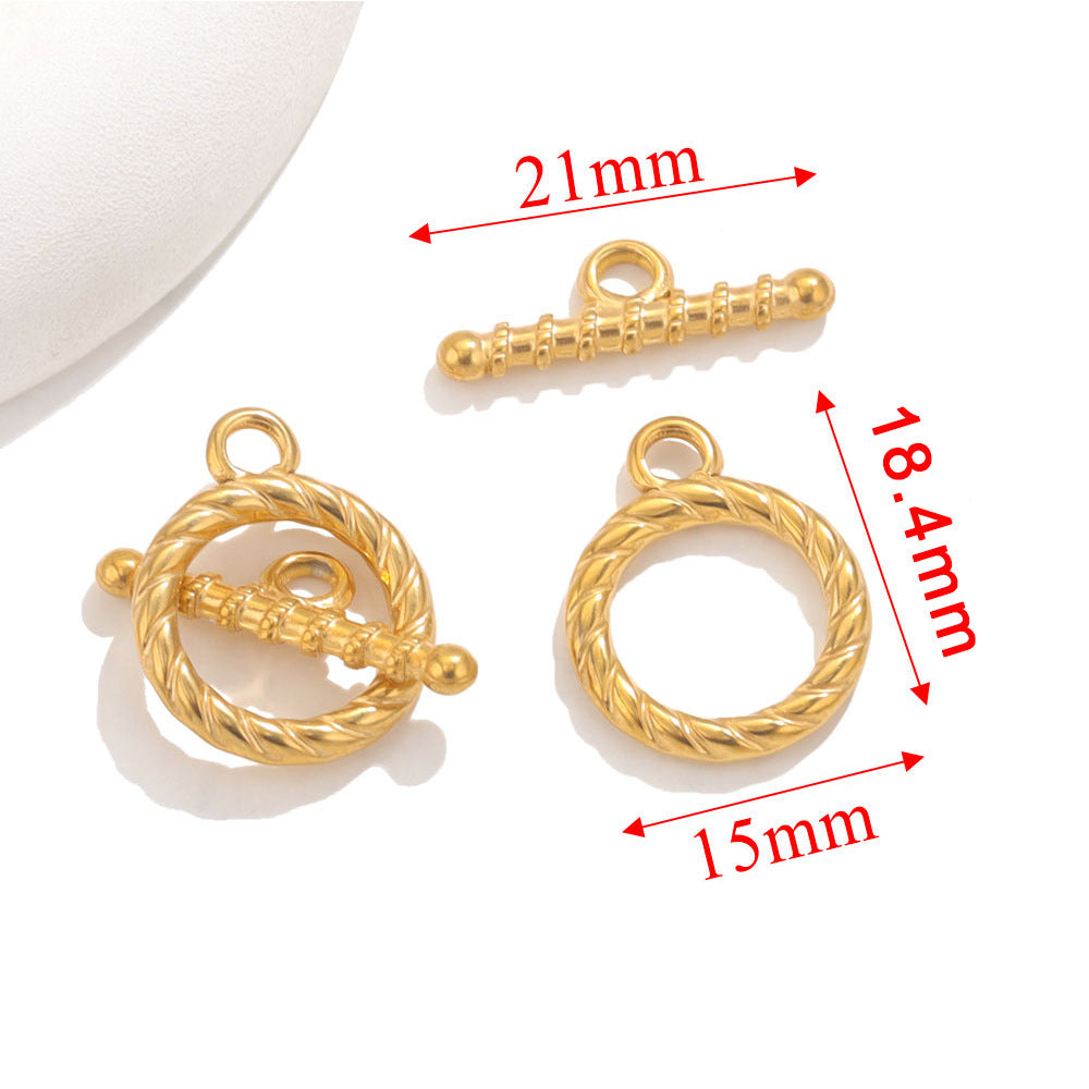 Gold twisted-rope round toggle clasps with red dimension arrows showing 21mm, 18.4mm, and 15mm on white background