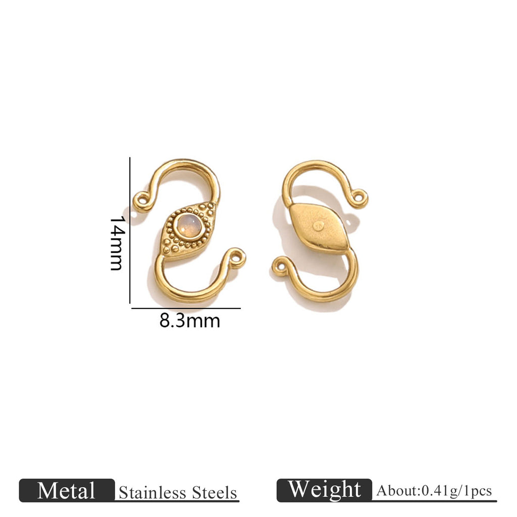Gold stainless steel S-hook clasp with opal stone, front and back views with 14mm by 8.3mm dimensions