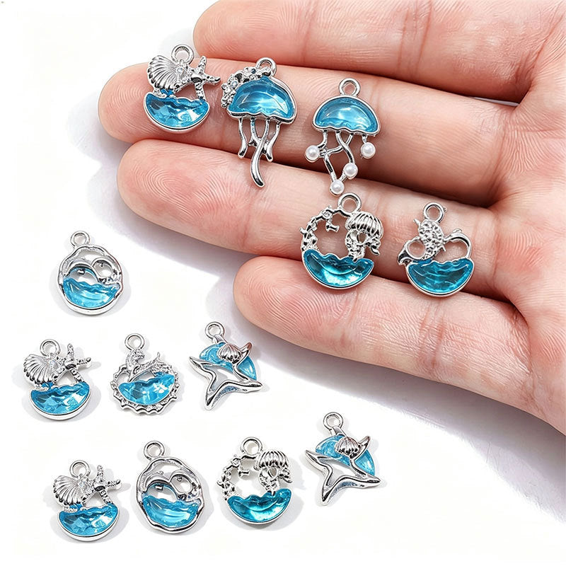 Blue Glass Inlay Jellyfish Charms – Ocean-Inspired Alloy Jellyfish Pendants for DIY Bracelets, Necklaces & Jewelry Making