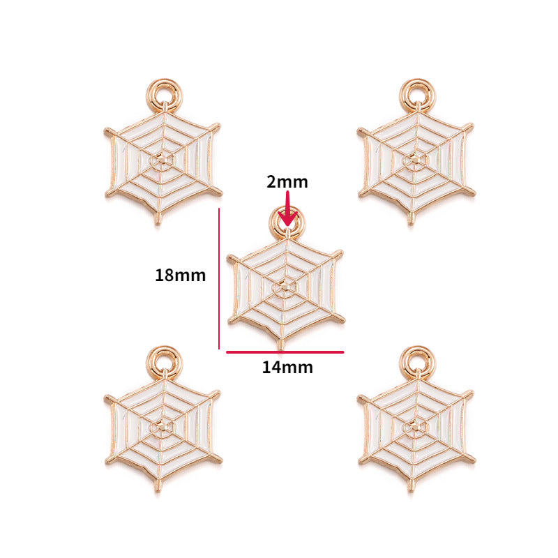 Five gold-tone spider web charms with white enamel lines, 18mm by 14mm
