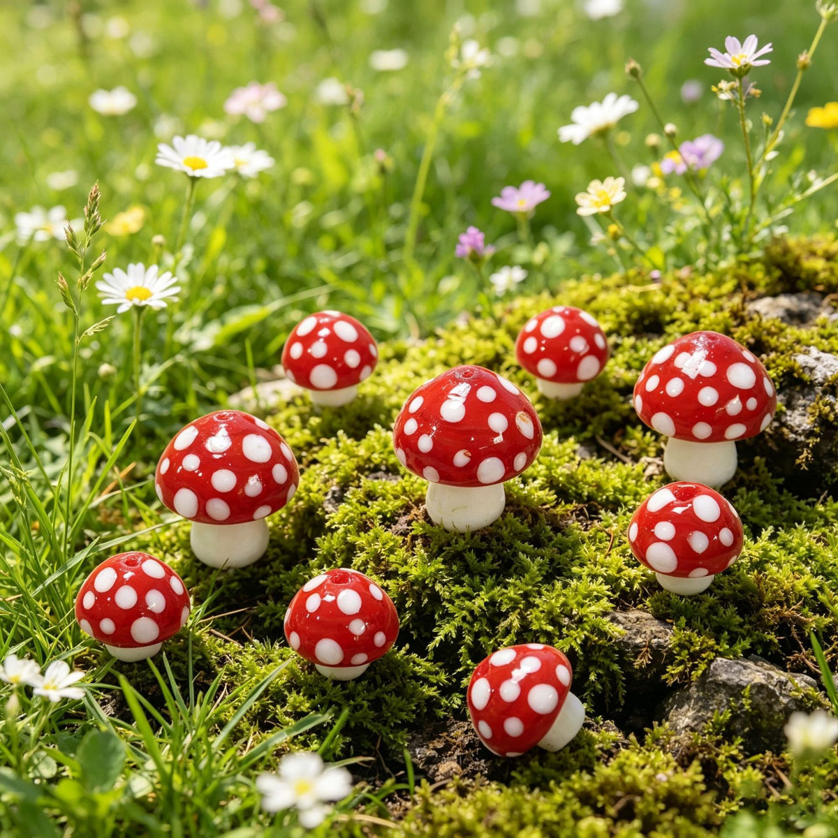 Red mushroom-shaped glass beads with white spots on green moss with wildflowers