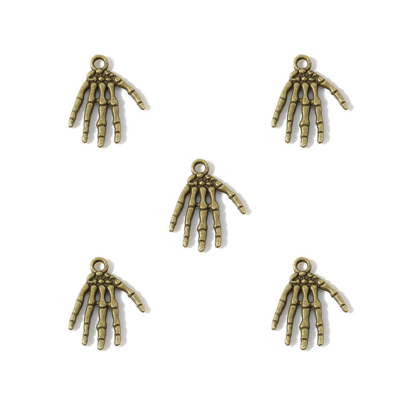 Five bronze hand-shaped charms on a white background