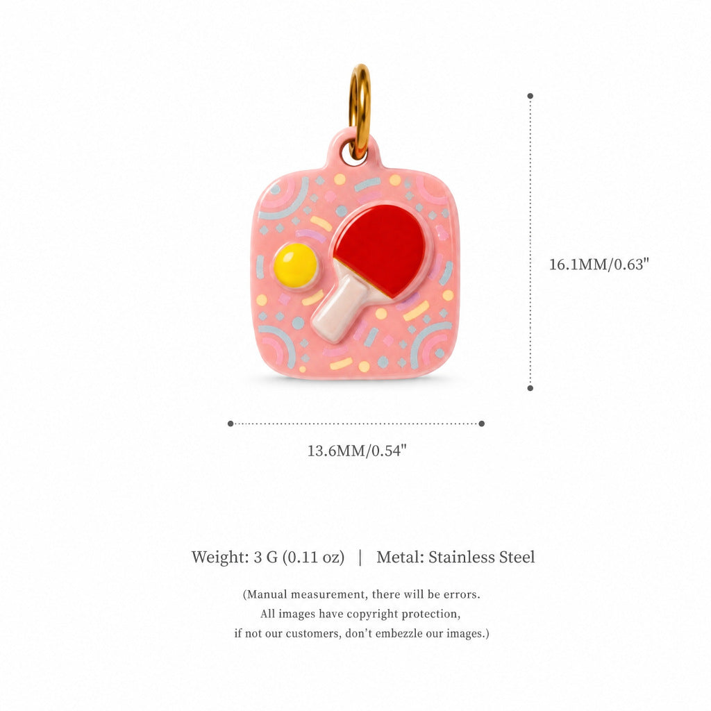 Pink square ping-pong charm pendant with red paddle and ball, shown with size measurements.