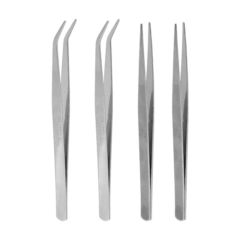 Four stainless steel precision tweezers with curved and straight tips on white background