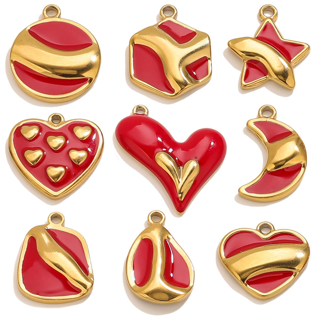 Stainless Steel Irregular Red Enamel Heart Pendant Charm