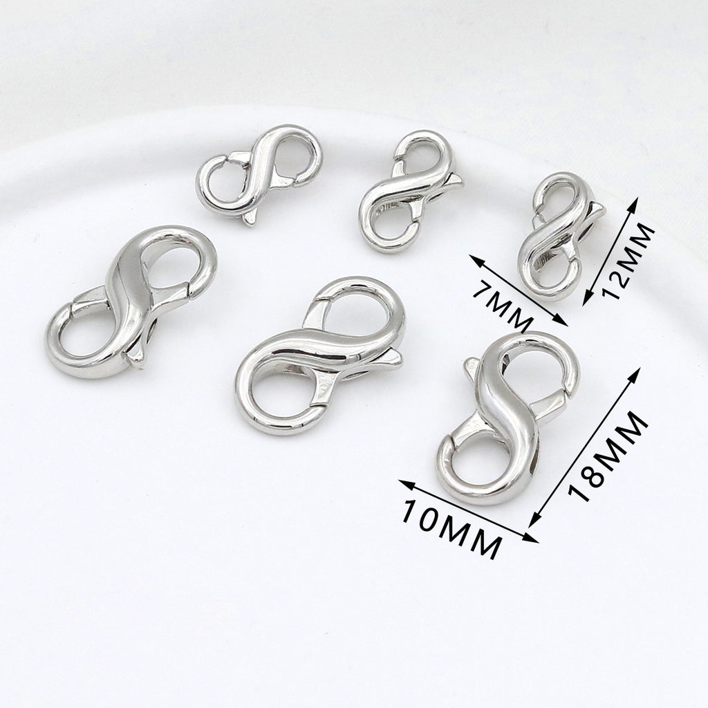 Six silver figure-eight lobster clasps in different sizes on white with dimension labels showing 7mm, 10mm, 12mm, and 18mm