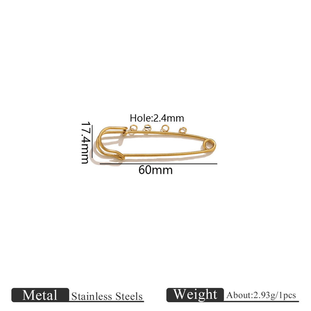 Gold-colored stainless steel safety pin with 60mm length and 17.4mm height markings on a white background