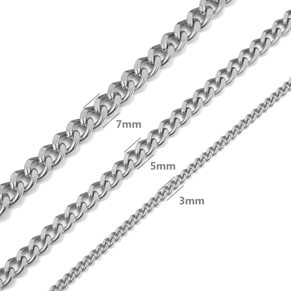 Three silver NK Cuban curb chains in 3mm, 5mm, and 7mm widths on a white background